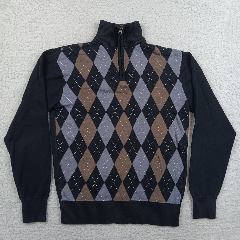 Carbon Sweater Quarter Zip Men M Black Argyle Cotton Mock Neck RN 70829